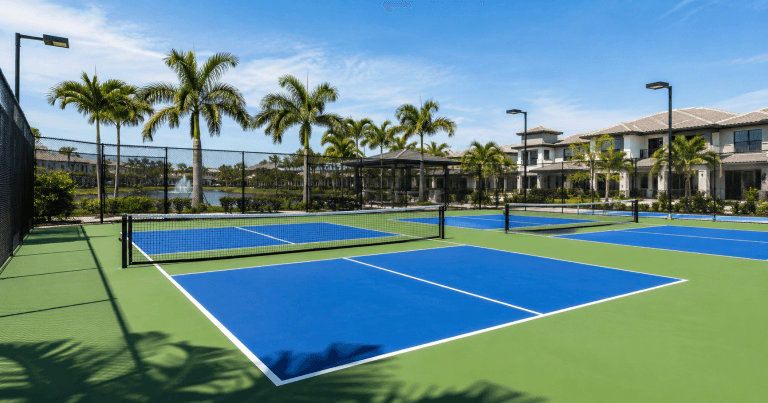 Professionally constructed outdoor pickleball court in Florida with blue acrylic sports surface and premium fencing.